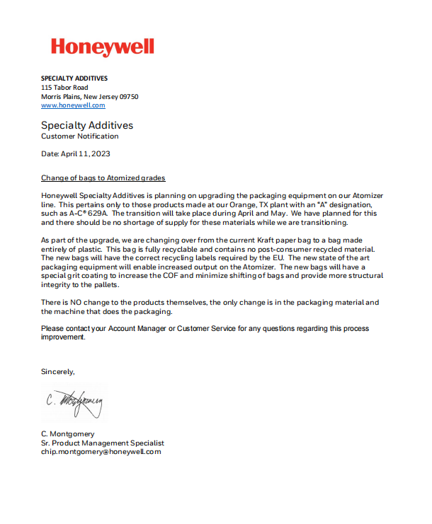 霍尼韦尔特种添加剂宣布Atomized等级产品包装升级